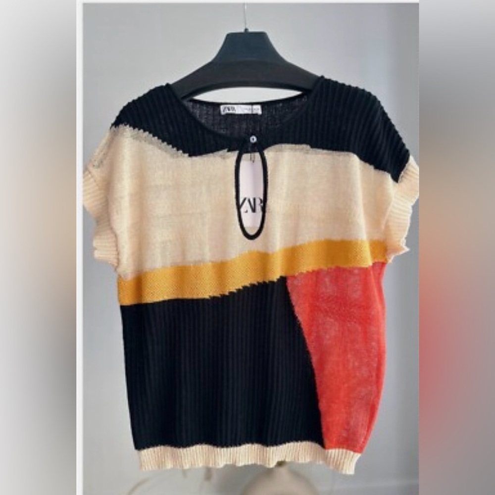Zara Colorblock Knit Top in Black, Cream, Mustard & Coral BNWT